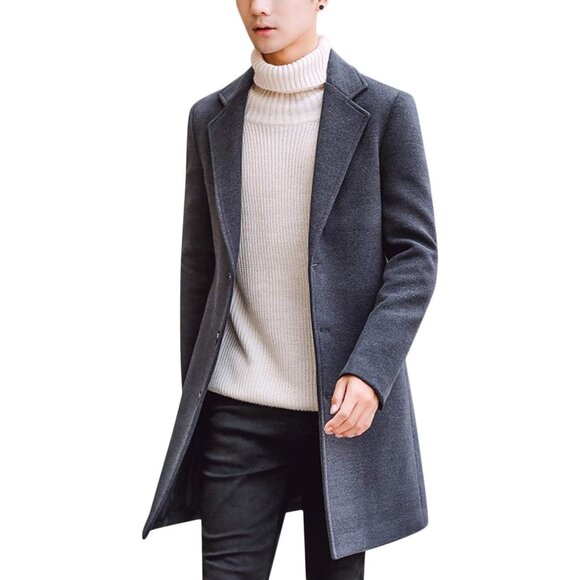 ✨Men Grey Wool Blend Pea Coat Notched Collar Single Overcoat Warm Trench Coat - Picture 1 of 4